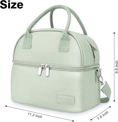 BALORAY Lunch Bag for Women Men, Double Deck Lunch Box for Adults, PU Leather Lunch Tote Bag Insulated Lunch Bags with Strap for Work Office Picnic(Green with strap)