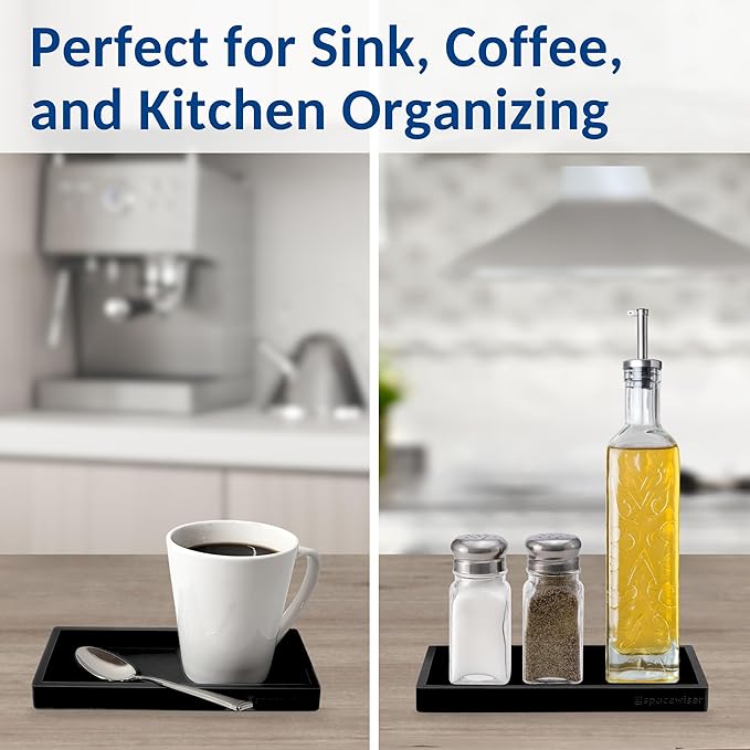 Countertop and Vanity Tray – Small 7.7” Silicone Tray, Soap Dispenser Trays, Bathroom Trays, Kitchen Soap Holder Sink Organizer Counter Caddy for Soaps Bottle Keys, Sponge Holder Dish Black