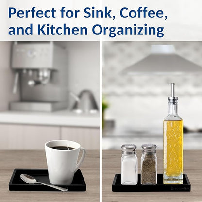 Countertop and Vanity Tray – Small 7.7” Silicone Tray, Soap Dispenser Trays, Bathroom Trays, Kitchen Soap Holder Sink Organizer Counter Caddy for Soaps Bottle Keys, Sponge Holder Dish Black