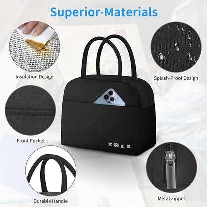 DALINDA Lunch Bag Lunch Box for Women Men Reusable Insulated Lunch Bags,Water-Resistant Cute Cooler Lunch Tote Bag, Large Capacity for Work Travel Picnic,Black