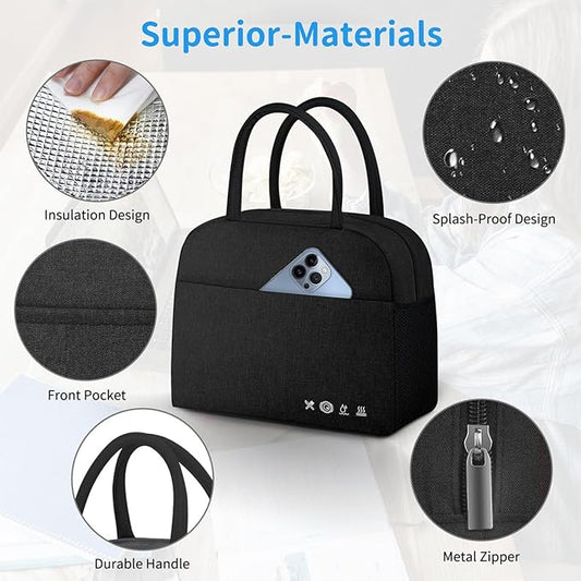 DALINDA Lunch Bag Lunch Box for Women Men Reusable Insulated Lunch Bags,Water-Resistant Cute Cooler Lunch Tote Bag, Large Capacity for Work Travel Picnic,Black