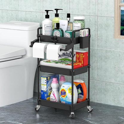SPACEKEEPER Rolling Storage Cart, 3 Tier Utility Cart Laundry Room Organization Mobile Shelving Unit Bathroom Organizer with Towel Rack, Lockable Wheel, Hooks & Cup for Kitchen Office, Black