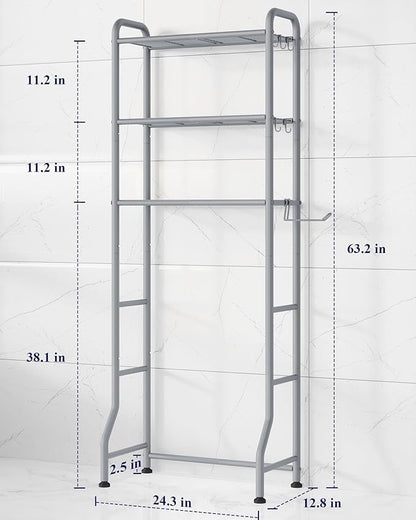 Kitsure Over Toilet Storage Rack - Metal Over Toilet Bathroom Organizer Shelf, Over The Toilet Storage Cabinet with Paper Holder and Hooks, Bathroom Cabinet for Laundry, Grey, 3 Tiers (63.2" H)