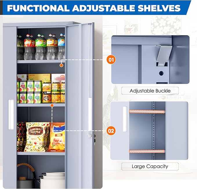 INTERGRAET 63" Pantry Cabinet, Kitchen Pantry Storage Cabinets with 2 Doors and 4 Shelves,Cement Gray Metal Storage Cabinet,Cupboard for Home,Kitchen,Living Room/Dining