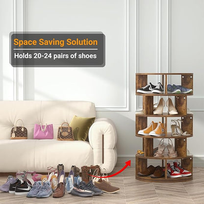 Aheaplus Rotating Shoe Rack, 5-Tier Wood Shoe Organizer for Closet, 360° Spinning Shoe Rack Tower Space-Saving Shoe Storage Shelf for Entryway, Garage, Bedroom, Rustic Brown