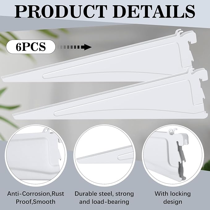 Adjustable Locking Shelf Bracket 16 Inch Shelf Brackets Heavy Duty Wire Shelving Brackets for Deep Wire Shelving Double Track System(White,6 Pcs)