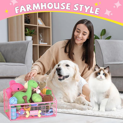 Indestructible Dog Toy basket, Small Toy Box for Dogs, Pet Toy Bin Dog Metal Basket for Toys, Toy Storage Organizer,Dog Toy Box for Living Room Area(Pink)