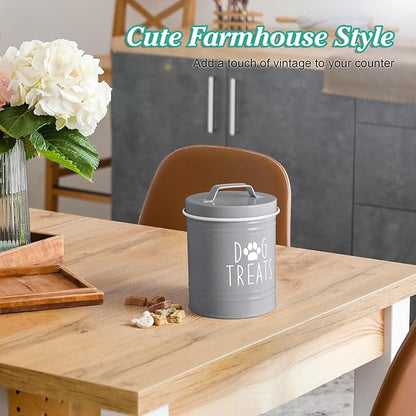 Small Dog Treat Container Airtight - 6" Tall X 4.9" Round Gray Dog Treat Jar for Kitchen Counter - Rustic Treat Storage Canister for Dogs, Cats, Small Animals - Gifts for Pet Owners