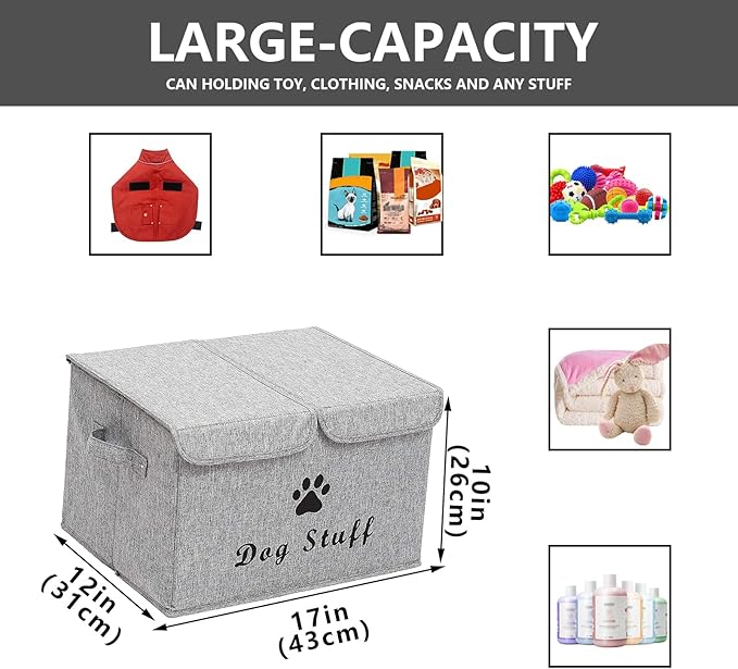 Dog toy box with lid dog storage organizer perfect basket for dog toys living room, playroom, closet, home organization and storage - Snow Gray