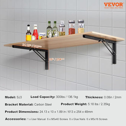 VEVOR Folding Shelf Brackets, 24" Heavy Duty Shelf Brackets, Brackets for Shelves, 5mm Thick L Shelf Bracket, Steel Shelving Brackets with 300 lbs Load Capacity, Matte Black 2 Pcs