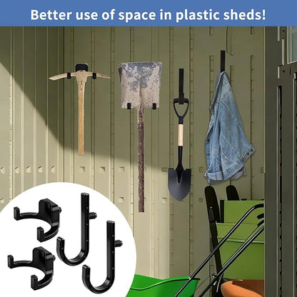 4pcs Storage Shed Hooks for Suncast & Craftsman, Black J and U Tool Hangers, Storage Shed Shelves Accessories for Hanging Shovels Scissors Shed Organization Supplies ﻿