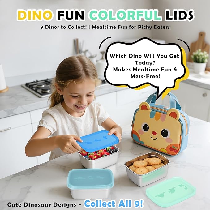 3-Pack Stainless Steel Snack Containers for Kids & Toddlers - 550ml (18oz) Leakproof Colorful Lids with Cute Dinosaurs | LFGB Certified, Stackable Metal Lunch Box for Daycare, School, Travel