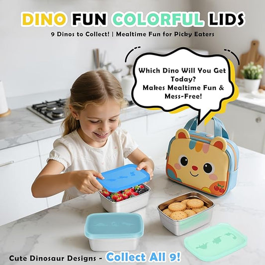 3-Pack Stainless Steel Snack Containers for Kids & Toddlers - 550ml (18oz) Leakproof Colorful Lids with Cute Dinosaurs | LFGB Certified, Stackable Metal Lunch Box for Daycare, School, Travel
