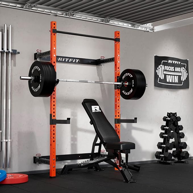 RitFit 2.36'' x 2.36'' Folding Squat Rack for Home Gym, Wall Mounted Squat Rack with Attachments - Space Saving Squat Power Rack