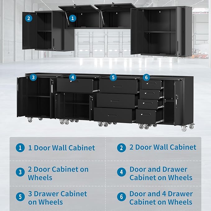 Black Garage Storage Cabinets System 8PCS Workshop Set with Drawers Locking Heavy Duty Rolling Cart with Adjustable Shelves Garage Tool Workbench Cabinets