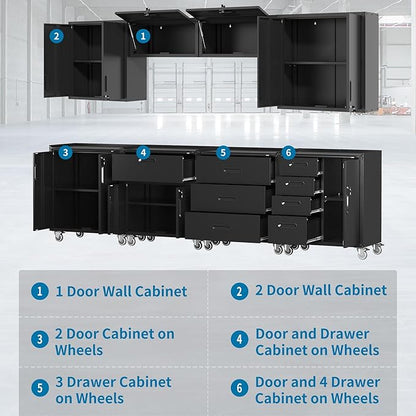 Black Garage Storage Cabinets System 8PCS Workshop Set with Drawers Locking Heavy Duty Rolling Cart with Adjustable Shelves Garage Tool Workbench Cabinets