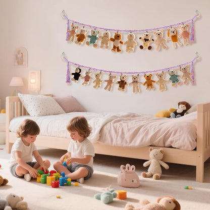 80" Cotton Hanging Storage Chain For Stuffed Animals Storage with 20 Metal Clips, Stuffed Animal Organizer Chain for Wall Corner Nursery Play Room, Rainbow