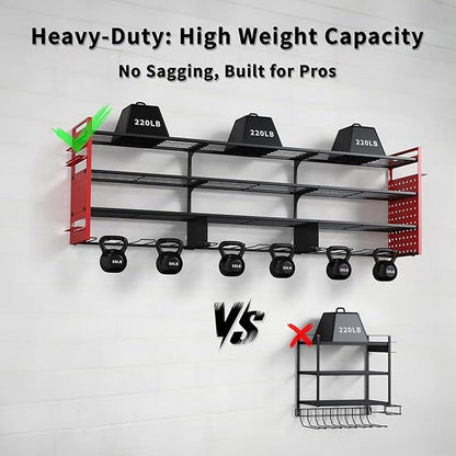 52" Heavy Duty Power Tool Organizer Wall Mount with 12 Drills Holder, 4-Tier Power Tool Storage Rack, DIY Pegboard Side Panels,4 Long Hooks, Garage Metal Tool Shelf for Battery,Drills
