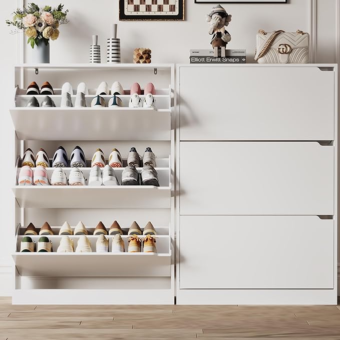 Shoe Storage Cabinet for Entryway with 3 Flip Drawers, Sturdy Wood Hidden Shoe Storage, Freestanding Narrow Slim Shoe Organizer for Front Door Entrance, Living Room, Hallway, Bedroom, White
