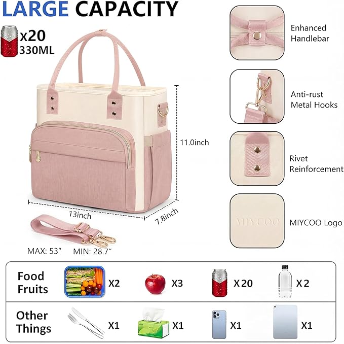 MIYCOO Lunch Bag Lunch Box Women - Leakproof Insulated Lunch Cooler Bag for Women - Large Lunch Tote Bags Adults, Pink White
