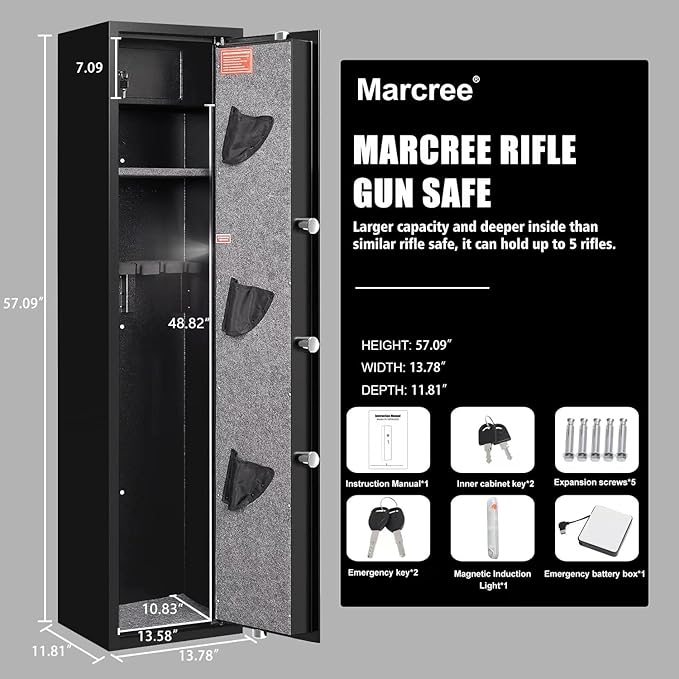 Marcree Biometric Rifle Gun Safe, Quick Access 5-Gun Cabinet with Lock Box, Fingerprint Long Gun Safe for Home Office, Gun Safes for Rifles and Shotguns, Large Shotgun Safes with 3 Pistol Bags