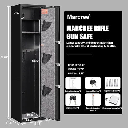 Marcree Biometric Rifle Gun Safe, Quick Access 5-Gun Cabinet with Lock Box, Fingerprint Long Gun Safe for Home Office, Gun Safes for Rifles and Shotguns, Large Shotgun Safes with 3 Pistol Bags