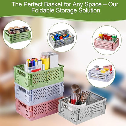 4-Pack Small Pastel Plastic Storage Baskets, Collapsible Crates for Organizing, Space-Saving Mini Bins for Classroom, Kitchen, Office, Bedroom (Green, 9.8" x 6.5" x 3.8")