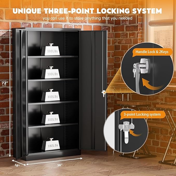 Bonusall 72" Storage Cabinet,Heavy-Duty Steel Cabinet with 2 Locking Doors & 4 Adjustable Shelves for Home, Office, or Workshop Organization(Black)