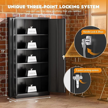 Bonusall 72" Storage Cabinet,Heavy-Duty Steel Cabinet with 2 Locking Doors & 4 Adjustable Shelves for Home, Office, or Workshop Organization(Black)