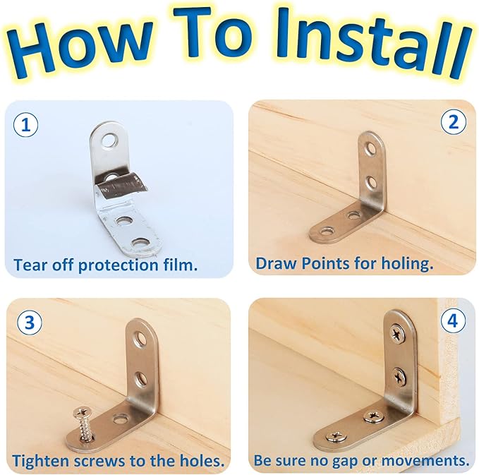 16pcs L Brackets 90 Degree Shelf Bracket Right Angle Corner Braces Stainless Steel Furniture Anchors Waterproof Mounting Fasteners with 64pcs Screws for Wood Connections and DIY Supports