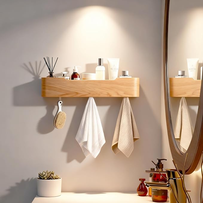 Wall Coat Rack Floating Shelves Modern Coat Rack Wall Mount with Storage Entryway Shelf Wooden Hanger 20 Inch 4 Hidden Metal Hooks for Living Room Bedroom (Oak, 5 Hooks)