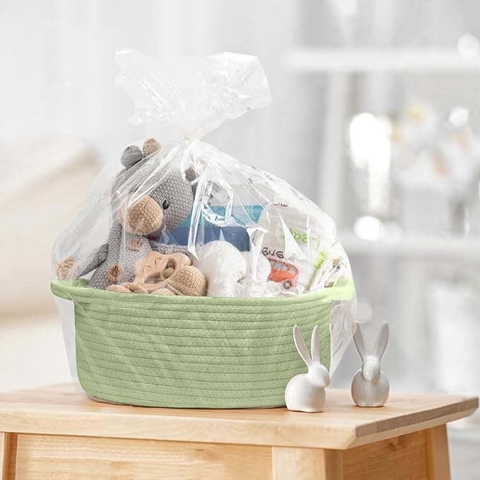 Small Woven Gift Basket, Baskets for Gifts Empty, Cotton Rope Cat Dog Toy Bin Box, Nursery Baby Basket, Wicker Basket with Handles, Shelf Storage Basket for Home Decor, Green, 12"x 8"x 5"