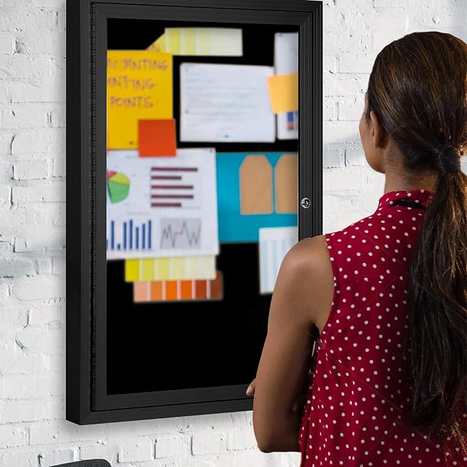 INNOVART Enclosed Bulletin Board 36” x 24”, Lockable Fabric Noticeboard with Aluminum Frame, Wall Display Case with Swing-Open Door Black Felt, Information Cabinet for School, Office, Commercial, etc
