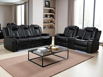 Breathing Leather Power Reclining Sofa Set, Living Room Furniture Sets, Power Recliner Sofa Couch Loveseat with 3 Recliner Seats/LED Light/Cup Holders/Drop-Down Table for Living Room/Office