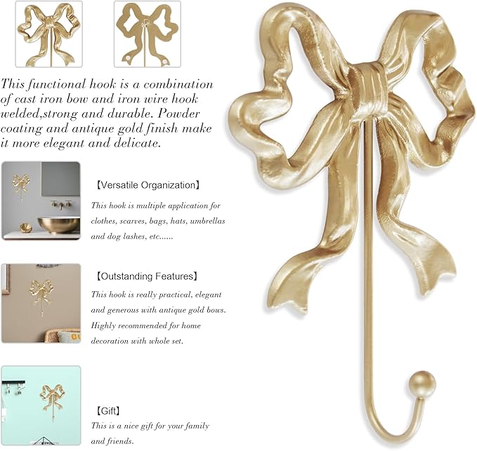 Single Bow Hook,Wall Mounted Functional Hook,Antique Gold Cast Iron Hooks for Coats,Hats,Bags, Bath Towels ,Room Decorations,Hallway,Bathroom,Kitchen,Office (Large single bow hooks:5x7.3 inches)