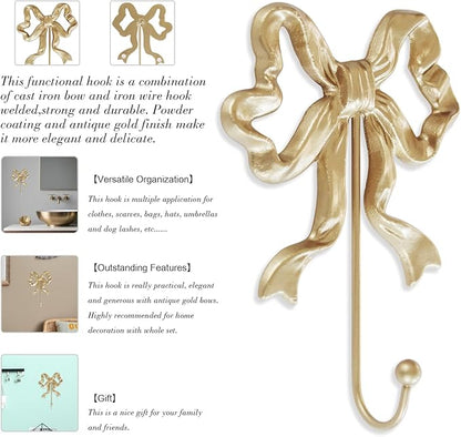 Single Bow Hook,Wall Mounted Functional Hook,Antique Gold Cast Iron Hooks for Coats,Hats,Bags, Bath Towels ,Room Decorations,Hallway,Bathroom,Kitchen,Office (Large single bow hooks:5x7.3 inches)