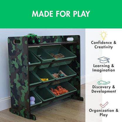 Humble Crew Toy Storage Organizer with Top Shelf and 9 Removable Bins, Camo/Army Green – Toddler Bookshelf with Toy Organizer - Modern Toy Rack Ideal for Kids' Rooms, Playrooms, and Nurseries