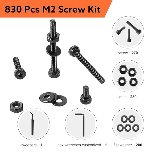 830 Pcs M2 Screws Kit Metric Bolts Kit M2*4mm/6mm/8mm/10mm/12mm/16mm/20mm Machine Screw Kit, 12.9 Alloy Steel Black Zinc Plated Hex Socket Head Screws Nuts Bolts and Washers Set
