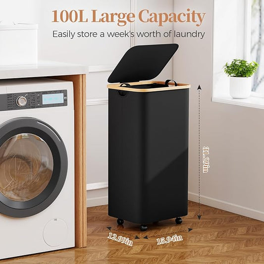 Yecaye 100L Large Capacity Laundry Hamper – Foldable Rolling Laundry Basket, Mobile Clothes Hamper with Wheels, Removable Inner Bag, Bamboo Handle Lid Laundry Bin – Multi-Use Storage, Black