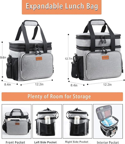 Double Decker XLarge Lunch Box, Insulated Heavy Duty Lunch Bag Waterproof Leakproof Durable Cooler Bag for Men Women Adults Work Picnic Camping Trip, 22L, Grey