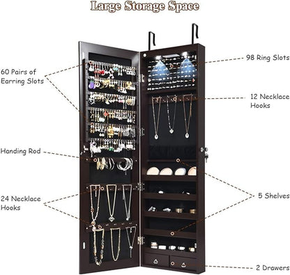 Giantex Wall Door Mounted Jewelry Armoire Cabinet with 47.5" H Full Length Mirror, 2 LEDs Lockable Jewelry Organizer Box with Bracelet Rod, 2 Drawers, Large Storage Capacity (Espresso)