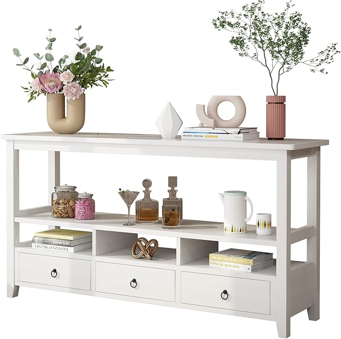 VINGLI 58" Console Table, Long Entryway Table with 3 Drawers & 2 Storage Shelves, Vintage Sofa Table Behind Couch, TV Stands for Living Room, Entryway, Hallway, Foyer, Office, White