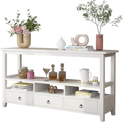 VINGLI 58" Console Table, Long Entryway Table with 3 Drawers & 2 Storage Shelves, Vintage Sofa Table Behind Couch, TV Stands for Living Room, Entryway, Hallway, Foyer, Office, White
