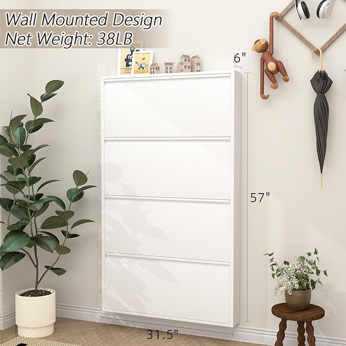 GREATMEET Metal Shoe Cabinet with 4 Flip Drawers, Wall Mount Shoe Organizer for Entryway, Narrow Shoe Storage Cabinet for Entryway Slim, Hidden Shoes Rack (White, 4 FILP Drawers)