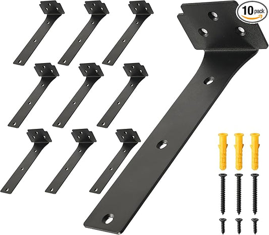Floating Shelf Brackets,10 Pack Heavy Duty L Brackets for Shelves, 8 Inch Black Stainless Steel Countertop Support Brackets,Wall Mounting for Wood
