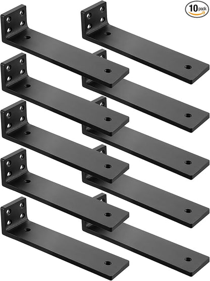 Floating Shelf Brackets 12 inch, Heavy Duty Wall Shelf Bracket 10 Pack for Shelves Support, Hidden Metal L Brackets with Mounting Hardware (1/5'' Thick)
