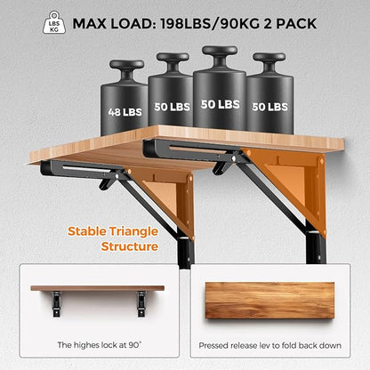 JOY DECOR 14 Inch Heavy Duty Folding Shelf Brackets, 2 Pack (1 Pair) Collapsible Wall Mounted Brackets for Fold Down Table, Stainless Steel Folding Table Hinge, Matte Black