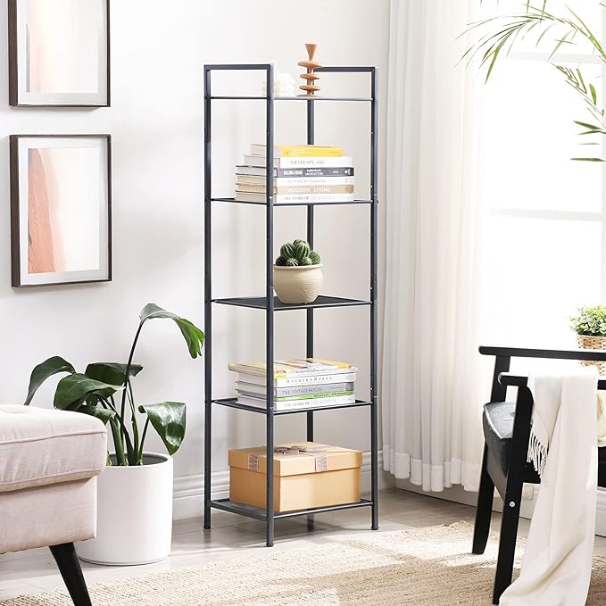 SONGMICS 5-Tier Storage Rack, Bathroom Shelf, Extendable Plant Stand with Adjustable Shelf, for Bathroom, Living Room, Balcony, Kitchen, Black UBSC35BK, 11.8 x 15 x 50.4 Inches