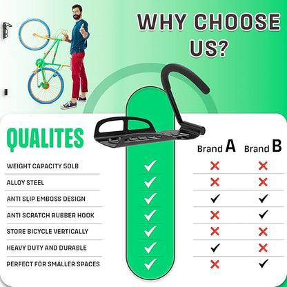 4 Pcs Heavy Duty Bike Wall Mount Hooks with Tire Tray-Vertical Bike Rack with Rubber Coated Hooks for Hanging Road,Mountain,and Hybrid Bicycle and for Garage Storage-Holds Upto 50Lbs