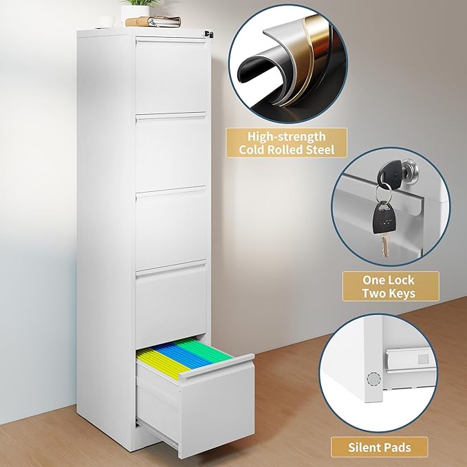 5 Drawer File Cabinet with Lock, Vertical Filing Cabinets for Home Office, Metal Storage Cabinets, Heavy Duty File Cabinet for Letter/Legal/A4/F4 Size Amsseble Required, White